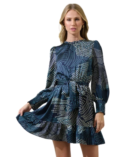 Kirby Geometric Sevilla Satin Ruffle Dress